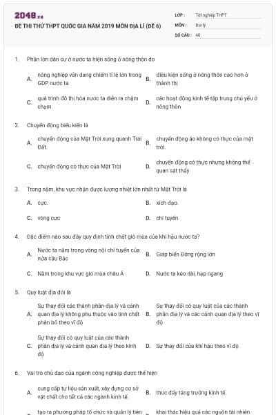 ĐỀ THI THỬ THPT QUỐC GIA NĂM 2019 MÔN ĐỊA LÍ (ĐỀ 6)