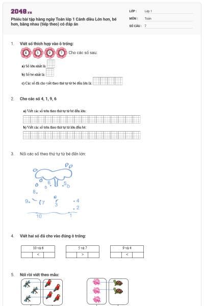 Phiếu bài tập hàng ngày Toán lớp 1 Cánh diều Lớn hơn, bé hơn, bằng nhau (tiếp theo) có đáp án