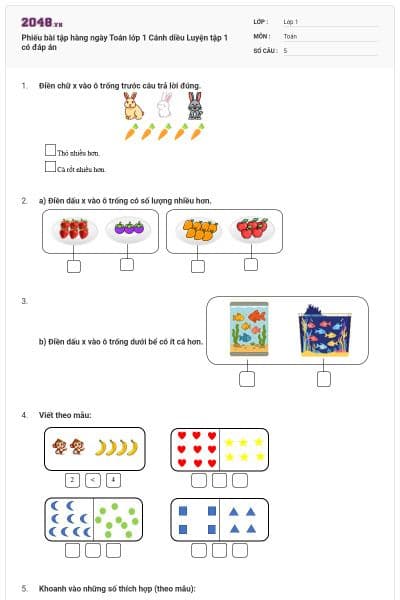 Phiếu bài tập hàng ngày Toán lớp 1 Cánh diều Luyện tập 1 có đáp án