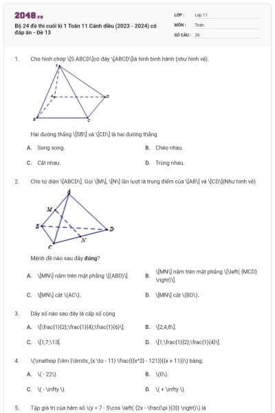 Bộ 24 đề thi cuối kì 1 Toán 11 Cánh diều (2023 - 2024) có đáp án - Đề 13