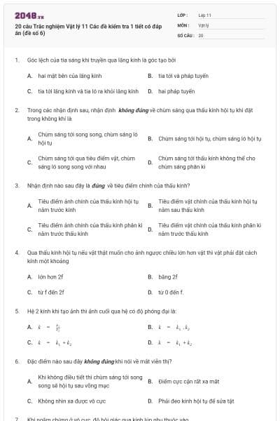 20 câu  Trắc nghiệm Vật lý 11 Các đề kiểm tra 1 tiết có đáp án (đề số 6)