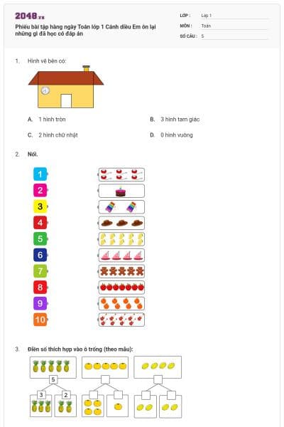 Phiếu bài tập hàng ngày Toán lớp 1 Cánh diều Em ôn lại những gì đã học có đáp án