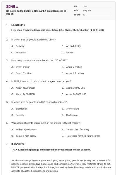 Đề cương ôn tập Cuối kì 2 Tiếng Anh 9 Global Success có đáp án