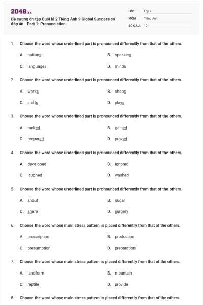 Đề cương ôn tập Cuối kì 2 Tiếng Anh 9 Global Success có đáp án - Part 1: Pronunciation