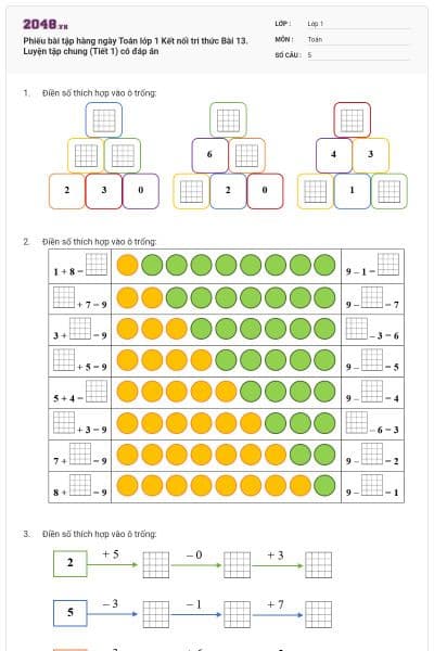 Phiếu bài tập hàng ngày Toán lớp 1 Kết nối tri thức Bài 13. Luyện tập chung (Tiết 1) có đáp án