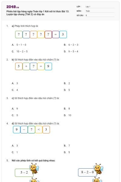 Phiếu bài tập hàng ngày Toán lớp 1 Kết nối tri thức Bài 13. Luyện tập chung (Tiết 2) có đáp án