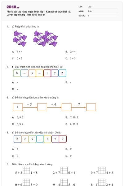 Phiếu bài tập hàng ngày Toán lớp 1 Kết nối tri thức Bài 13. Luyện tập chung (Tiết 3) có đáp án