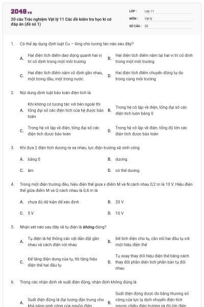 20 câu Trắc nghiệm Vật lý 11 Các đề kiểm tra học kì có đáp án (đề số 1)