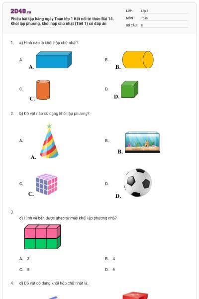 Phiếu bài tập hàng ngày Toán lớp 1 Kết nối tri thức Bài 14. Khối lập phương, khối hộp chữ nhật (Tiết 1) có đáp án