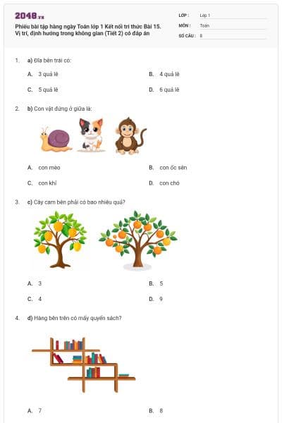 Phiếu bài tập hàng ngày Toán lớp 1 Kết nối tri thức Bài 15. Vị trí, định hướng trong không gian (Tiết 2) có đáp án