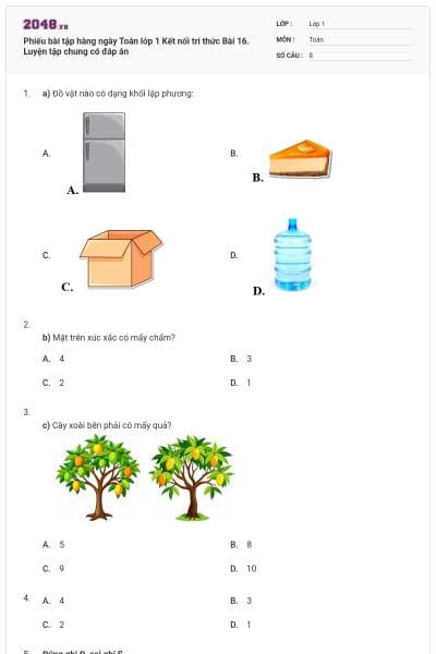 Phiếu bài tập hàng ngày Toán lớp 1 Kết nối tri thức Bài 16. Luyện tập chung có đáp án