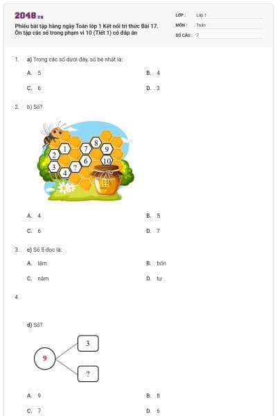 Phiếu bài tập hàng ngày Toán lớp 1 Kết nối tri thức Bài 17. Ôn tập các số trong phạm vi 10 (Tiết 1) có đáp án