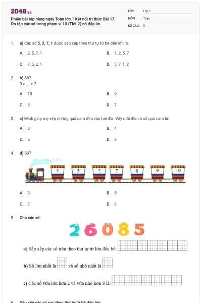 Phiếu bài tập hàng ngày Toán lớp 1 Kết nối tri thức Bài 17. Ôn tập các số trong phạm vi 10 (Tiết 2) có đáp án