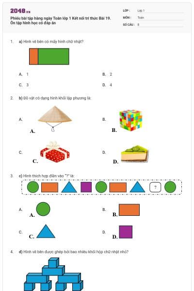 Phiếu bài tập hàng ngày Toán lớp 1 Kết nối tri thức Bài 19. Ôn tập hình học có đáp án