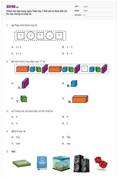 Phiếu bài tập hàng ngày Toán lớp 1 Kết nối tri thức Bài 20. Ôn tập chung có đáp án