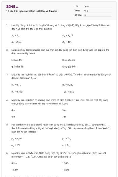15 câu trắc nghiệm về Định luật Ohm và Điện trở