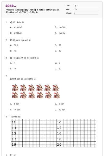 Phiếu bài tập hàng ngày Toán lớp 1 Kết nối tri thức Bài 21. Số có hai chữ số (Tiết 1) có đáp án