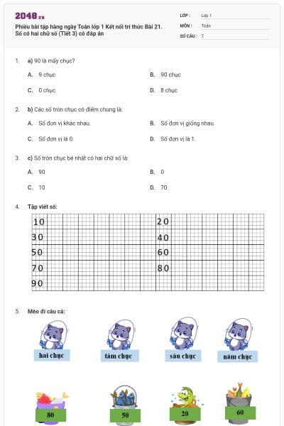 Phiếu bài tập hàng ngày Toán lớp 1 Kết nối tri thức Bài 21. Số có hai chữ số (Tiết 3) có đáp án