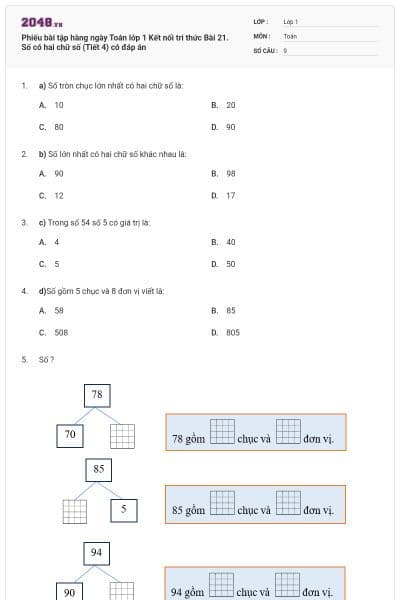 Phiếu bài tập hàng ngày Toán lớp 1 Kết nối tri thức Bài 21. Số có hai chữ số (Tiết 4) có đáp án