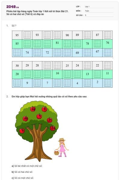 Phiếu bài tập hàng ngày Toán lớp 1 Kết nối tri thức Bài 21. Số có hai chữ số (Tiết 6) có đáp án