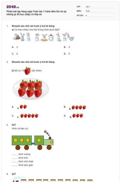 Phiếu bài tập hàng ngày Toán lớp 1 Cánh diều Em ôn lại những gì đã học (tiếp) có đáp án