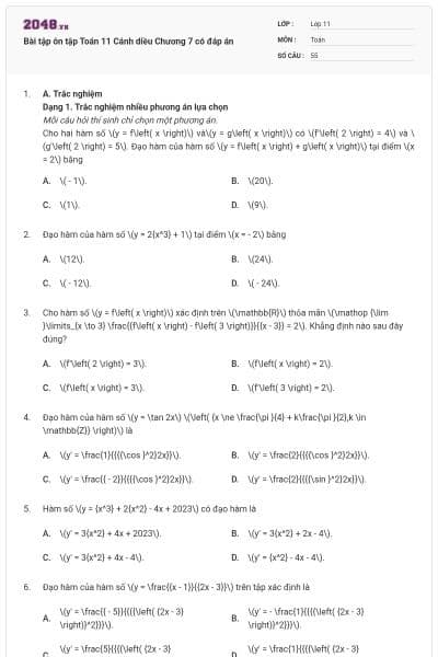 Bài tập ôn tập Toán 11 Cánh diều Chương 7 có đáp án