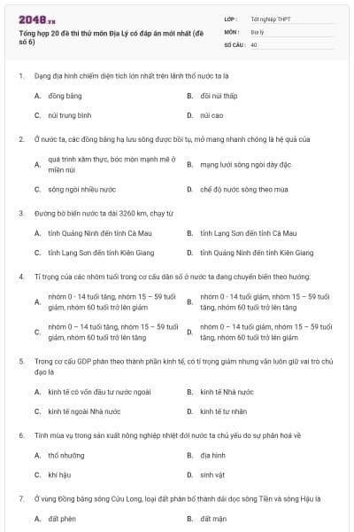 Tổng hợp 20 đề thi thử môn Địa Lý có đáp án mới nhất (đề số 6)