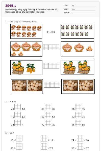 Phiếu bài tập hàng ngày Toán lớp 1 Kết nối tri thức Bài 22. So sánh số có hai chữ số (Tiết 3) có đáp án