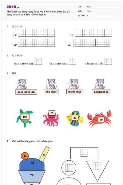 Phiếu bài tập hàng ngày Toán lớp 1 Kết nối tri thức Bài 23. Bảng các số từ 1 đến 100 có đáp án