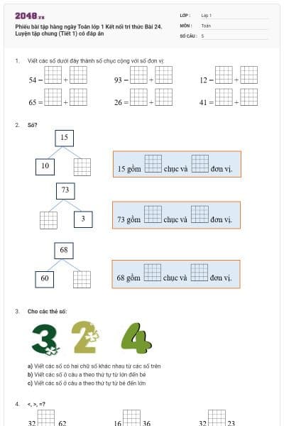 Phiếu bài tập hàng ngày Toán lớp 1 Kết nối tri thức Bài 24. Luyện tập chung (Tiết 1) có đáp án