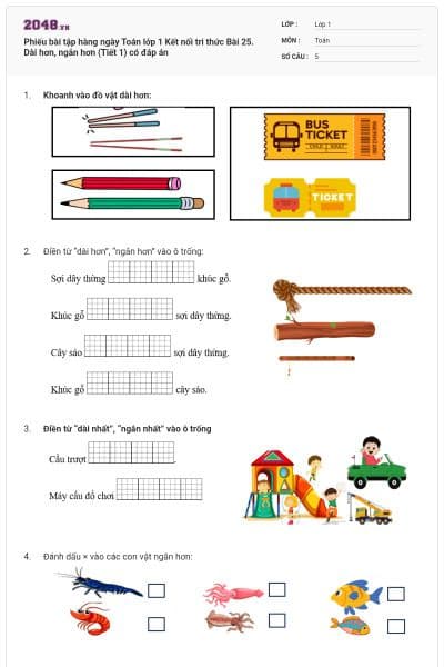 Phiếu bài tập hàng ngày Toán lớp 1 Kết nối tri thức Bài 25. Dài hơn, ngắn hơn (Tiết 1) có đáp án