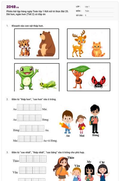 Phiếu bài tập hàng ngày Toán lớp 1 Kết nối tri thức Bài 25. Dài hơn, ngắn hơn (Tiết 2) có đáp án