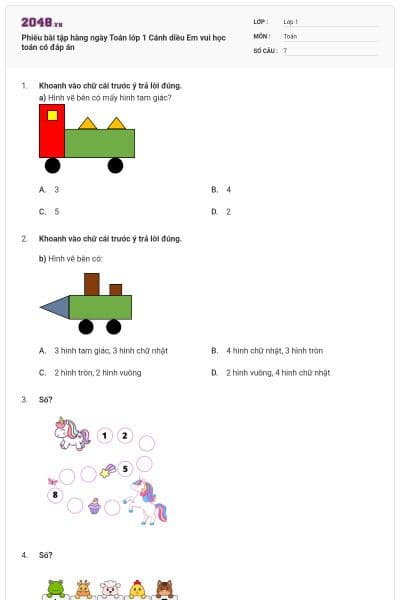 Phiếu bài tập hàng ngày Toán lớp 1 Cánh diều Em vui học toán có đáp án