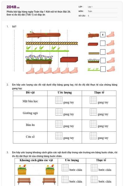 Phiếu bài tập hàng ngày Toán lớp 1 Kết nối tri thức Bài 26. Đơn vị đo độ dài (Tiết 1) có đáp án