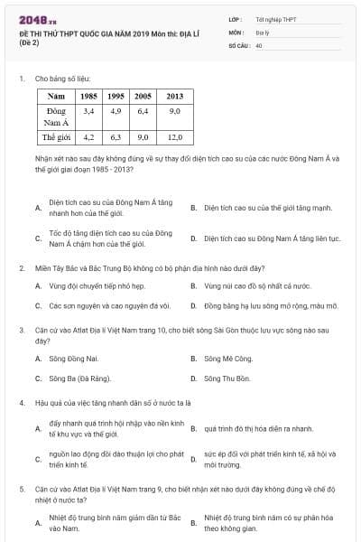 ĐỀ THI THỬ THPT QUỐC GIA NĂM 2019 Môn thi: ĐỊA LÍ (Đề 2)