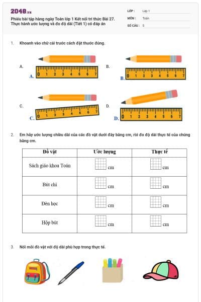 Phiếu bài tập hàng ngày Toán lớp 1 Kết nối tri thức Bài 27. Thực hành ước lượng và đo độ dài (Tiết 1) có đáp án