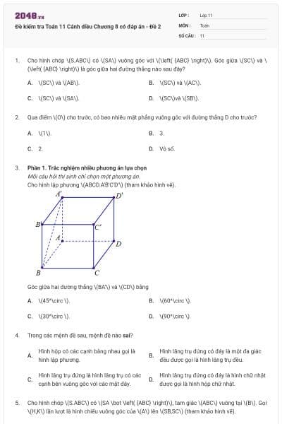 Đề kiểm tra Toán 11 Cánh diều Chương 8 có đáp án - Đề 2