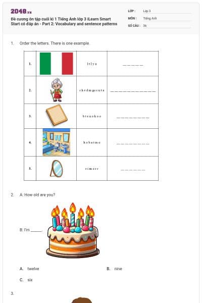 Đề cương ôn tập cuối kì 1 Tiếng Anh lớp 3 iLearn Smart Start có đáp án - Part 2: Vocabulary and sentence patterns