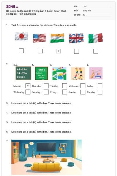 Đề cương ôn tập cuối kì 1 Tiếng Anh 3 iLearn Smart Start có đáp án - Part 3: Listening