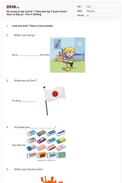 Đề cương ôn tập cuối kì 1 Tiếng Anh lớp 3 iLearn Smart Start có đáp án - Part 5: Writing