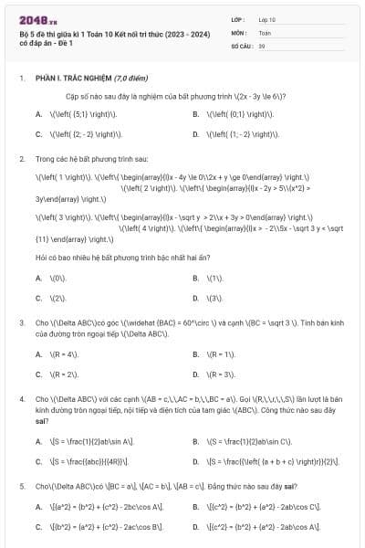 Bộ 5 đề thi giữa kì 1 Toán 10 Kết nối tri thức (2023 - 2024) có đáp án - Đề 1
