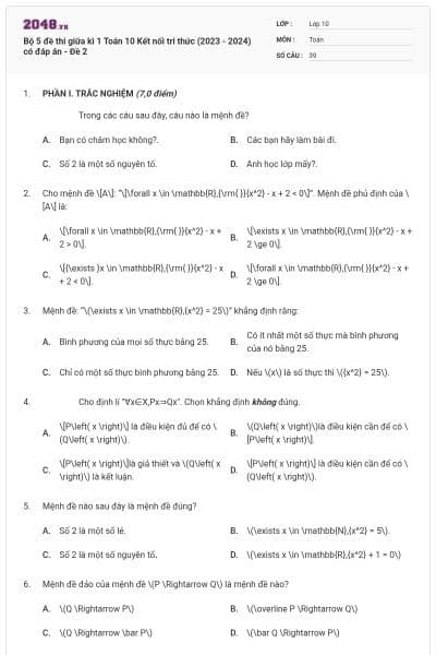 Bộ 5 đề thi giữa kì 1 Toán 10 Kết nối tri thức (2023 - 2024) có đáp án - Đề 2