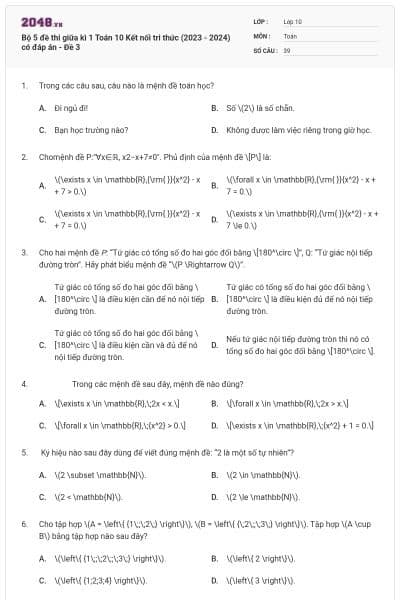 Bộ 5 đề thi giữa kì 1 Toán 10 Kết nối tri thức (2023 - 2024) có đáp án - Đề 3