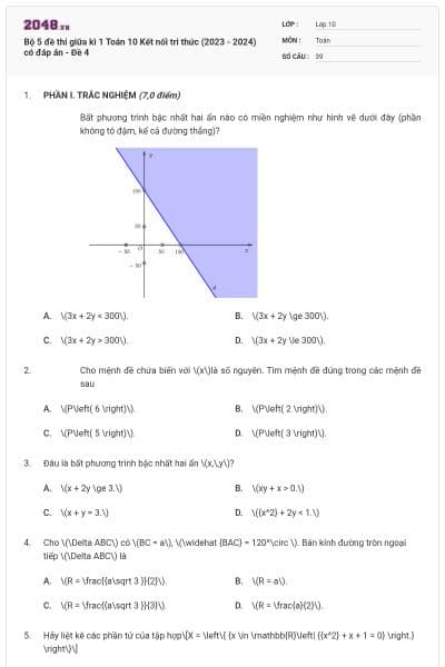 Bộ 5 đề thi giữa kì 1 Toán 10 Kết nối tri thức (2023 - 2024) có đáp án - Đề 4