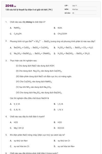 130 câu hỏi lý thuyết Sự điện li có giải chi tiết ( P4 )