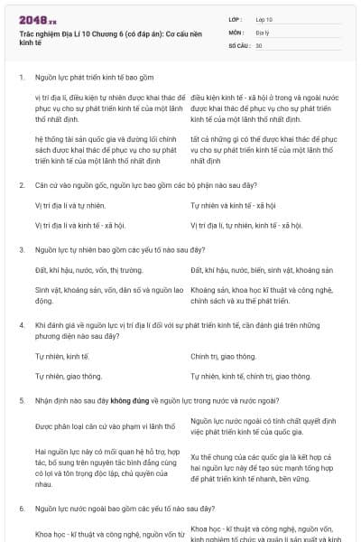 Trắc nghiệm Địa Lí 10 Chương 6 (có đáp án): Cơ cấu nền kinh tế