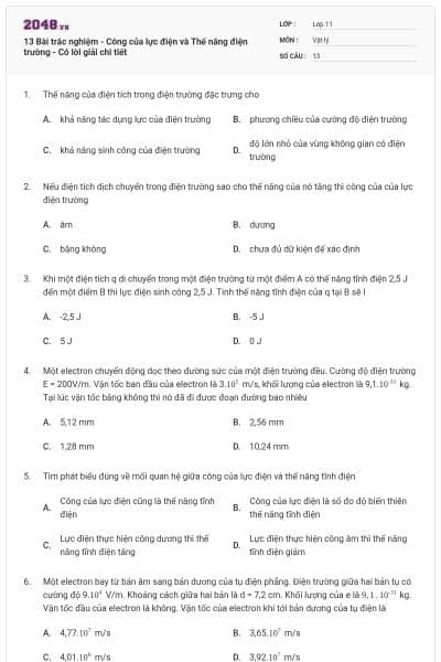 13 Bài trắc nghiệm - Công của lực điện và Thế năng điện trường - Có lời giải chi tiết