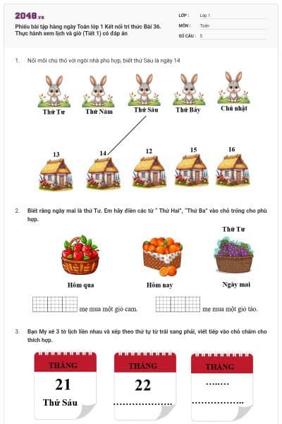 Phiếu bài tập hàng ngày Toán lớp 1 Kết nối tri thức Bài 36. Thực hành xem lịch và giờ (Tiết 1) có đáp án