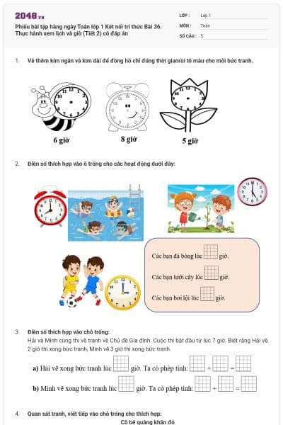 Phiếu bài tập hàng ngày Toán lớp 1 Kết nối tri thức Bài 36. Thực hành xem lịch và giờ (Tiết 2) có đáp án