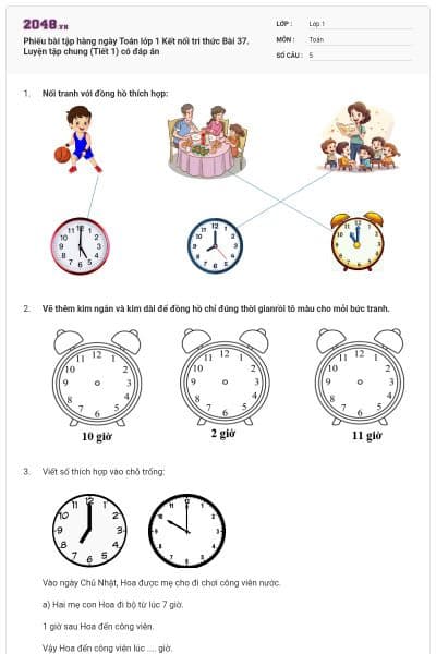Phiếu bài tập hàng ngày Toán lớp 1 Kết nối tri thức Bài 37. Luyện tập chung (Tiết 1) có đáp án